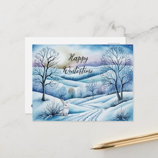 Winterlandschaft in der Abenddämmerung mit Hase | ポストカード (正面/裏面インサイチュ)