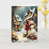 Winterliche Dorfszene mit Mädchen und Schneemann カード (黄色い花)