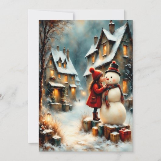 Winterliche Dorfszene mit Mädchen und Schneemann 招待状 (正面)