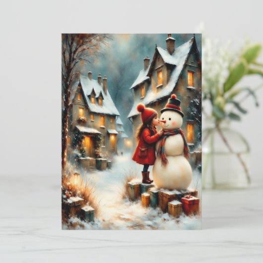 Winterliche Dorfszene mit Mädchen und Schneemann 招待状 (スタンド正面)