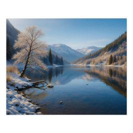 Winterliche Landschaft mit klarem Bergsee ポスター