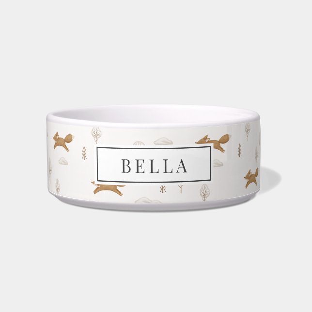 Winterscapeキツネパターン名ペット ボウル (正面)