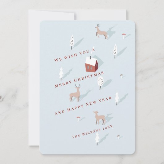 Winterscapeレッドハウス&ディアライトブルークリスマス シーズンカード (正面)