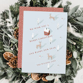 Winterscapeレッドハウス&ディアライトブルークリスマス シーズンカード