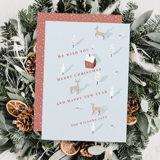 Winterscapeレッドハウス&ディアライトブルークリスマス シーズンカード