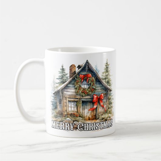 Wintertime Merry Christmas Country Cottage コーヒーマグカップ (左)
