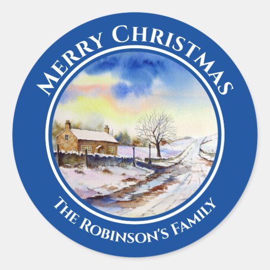 Winteryレーン水彩風景絵画の円 ラウンドシール (正面)