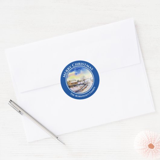 Winteryレーン水彩風景絵画の円 ラウンドシール (封筒)