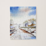 Winteryレーン水彩風景絵画ズ ジグソーパズル<br><div class="desc">私の水の色を基に絵画、冬の美し絵画いイギリスの田舎の風景の雪に覆われた。Zazzleでカスタマイズ可能な独自の文字を使用してパーソナライズされたデザイン。一致するアイテムのストアをチェック！</div>