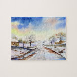Winteryレーン水彩風景絵画ズ ジグソーパズル<br><div class="desc">私の水の色を基に絵画、冬の美し絵画いイギリスの田舎の風景の雪に覆われた。Zazzleでカスタマイズ可能な独自の文字を使用してパーソナライズされたデザイン。一致するアイテムのストアをチェック!</div>