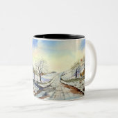 Winteryレーン水彩風景絵画ズ ツートーンマグカップ (正面右)