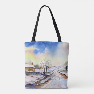 Winteryレーン水彩風景絵画ズ トートバッグ