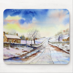 Winteryレーン水彩風景絵画ズ マウスパッド