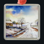 Winteryレーン水彩風景絵画ズ メタルオーナメント<br><div class="desc">私の水の色を基に絵画、冬の美し絵画いイギリスの田舎の風景の雪に覆われた。Zazzleでカスタマイズ可能な独自の文字を使用してパーソナライズされたデザイン。一致するアイテムのストアをチェック！</div>