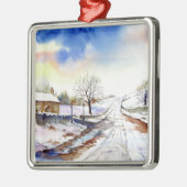 Winteryレーン水彩風景絵画ズ メタルオーナメント (左)