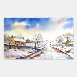 Winteryレーン水彩風景絵画ズ 長方形シール