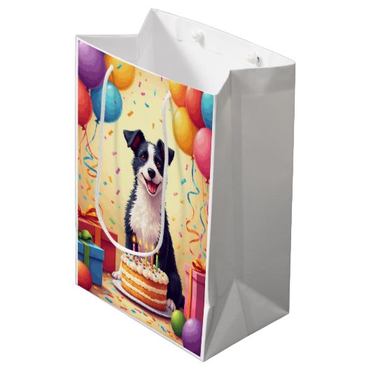 Wire Fox Terrier Birthday Celebration ミディアムペーパーバッグ (正面アングル)