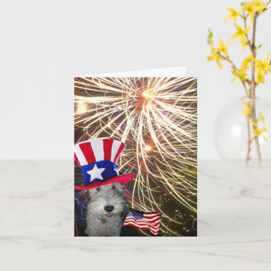 Wire Fox Terrier Celebrating Independence Day カード (黄色い花)
