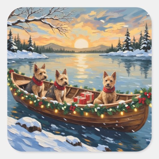 Wire Fox Terrier Christmas Boat Holiday スクエアシール (正面)