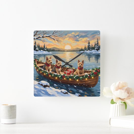 Wire Fox Terrier Christmas Boat Holiday スクエア壁時計 (ホーム)