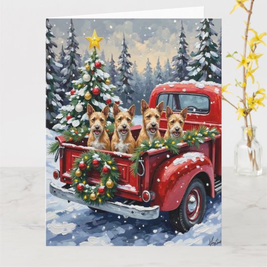 Wire Fox Terrier Christmas Red Truck Holiday Gift カード (黄色い花)