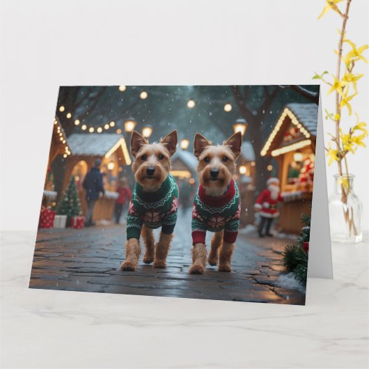 Wire Fox Terrier Dogs Christmas Snow Holiday カード (黄色い花)