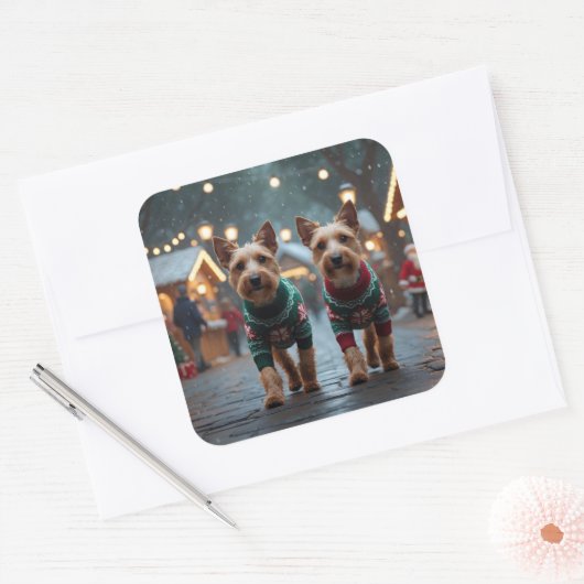 Wire Fox Terrier Dogs Christmas Snow Holiday スクエアシール (封筒)