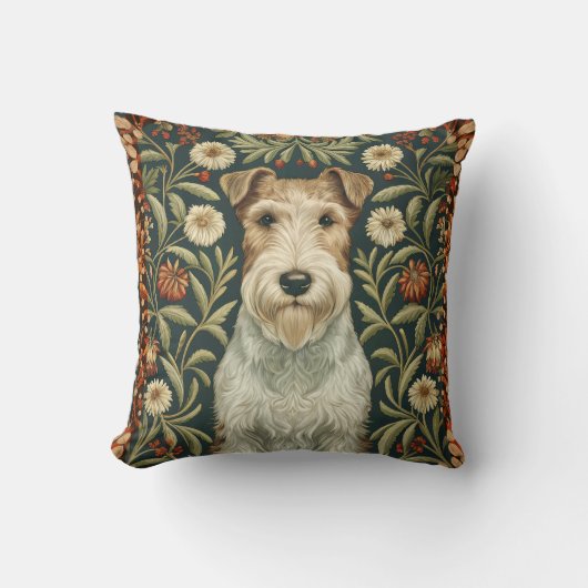 Wire Fox Terrier in William Morris Floral Style クッション (正面)
