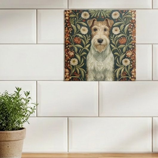 Wire Fox Terrier in William Morris Floral Style タイル