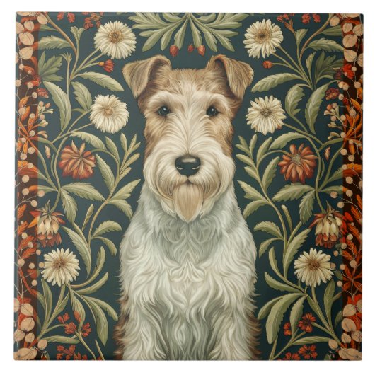 Wire Fox Terrier in William Morris Floral Style タイル (正面)