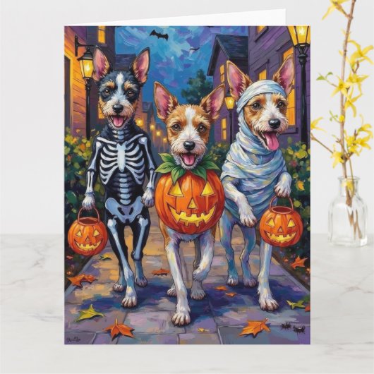 Wire Fox Terrier Trick-or-Treating Halloween  カード (黄色い花)