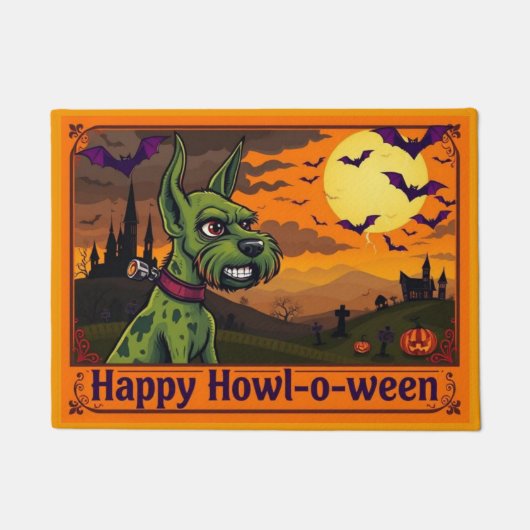 Wire Fox Terrierstein Happy Howl-o-ween ドアマット (正面)