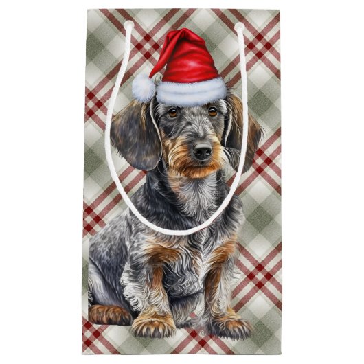 Wire Haired Dachshund Dog on Red Plaid Christmas スモールペーパーバッグ (正面)