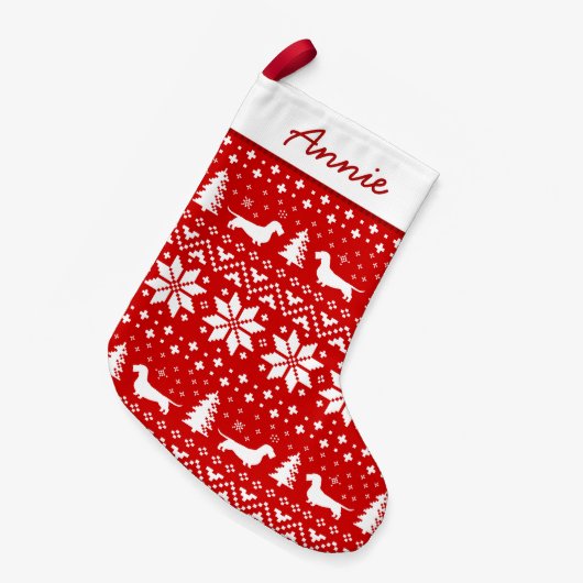 Wirefold Dachshandシルエットのパターン赤 スモールクリスマスストッキング (正面 (吊り時))