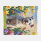 Wirefox Terrier Dog春の花絵を描ズ フリースブランケット (正面(横))