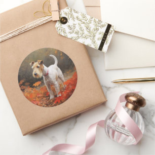 Wirefox Terrier in 紅葉の季節 落ち葉に囲まれてインスパイア ラウンドシール