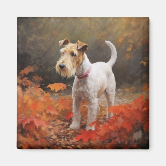 Wirefox Terrier in 紅葉の秋 落ち葉にインスパイア マグネット (正面)