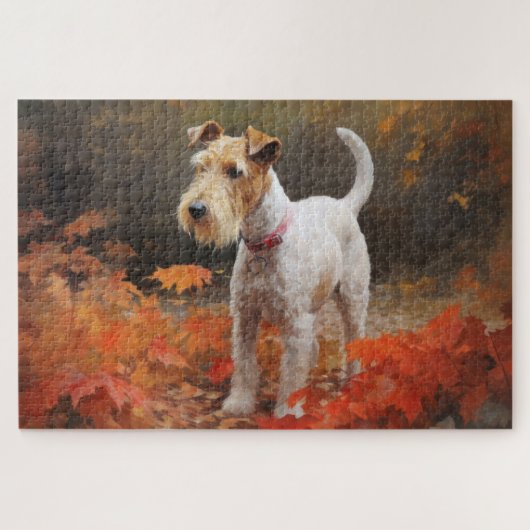 Wirefox Terrier in Autumn Leaves Fall Inspire ジグソーパズル (横)
