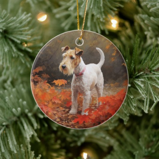 Wirefox Terrier in Autumn Leaves Fall Inspire セラミックオーナメント (ツリー)