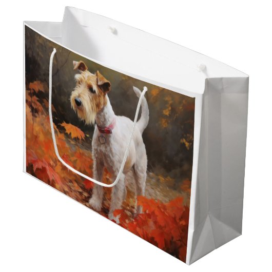 Wirefox Terrier in Autumn Leaves Fall Inspire  ラージペーパーバッグ (正面アングル)