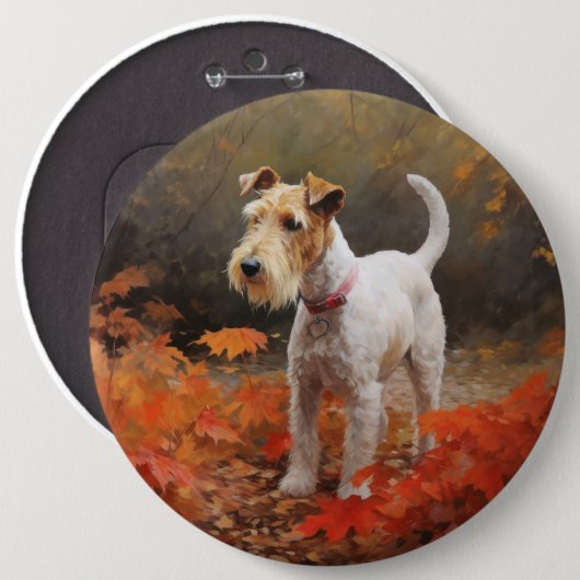 Wirefox Terrier in Autumn Leaves Fall Inspire  缶バッジ (正面&裏面)