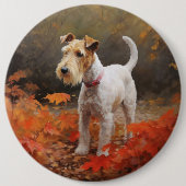 Wirefox Terrier in Autumn Leaves Fall Inspire  缶バッジ (正面)