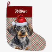 Wirehair Dachshund Dog Holiday Plaid Personalized ラージクリスマスストッキング (正面)