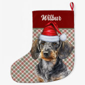Wirehair Dachshund Dog Holiday Plaid Personalized ラージクリスマスストッキング (裏面)