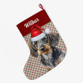 Wirehair Dachshund Dog Holiday Plaid Personalized ラージクリスマスストッキング (裏面 (吊り時))