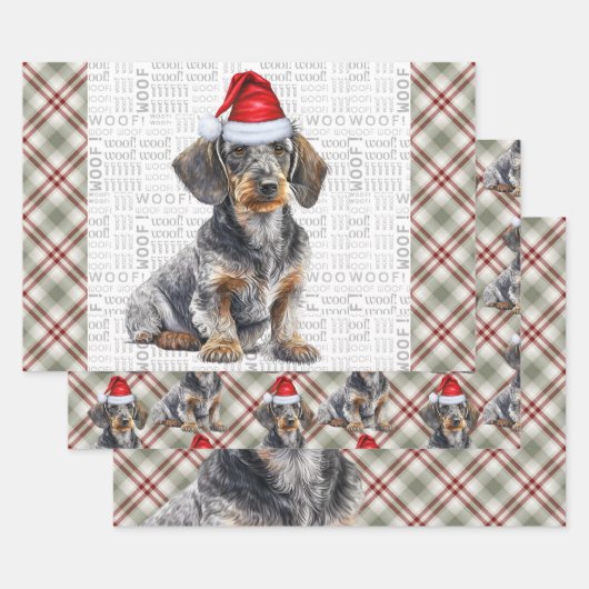 Wirehair Dachshund Dog Red Plaid Christmas ラッピングペーパーシート (セット)