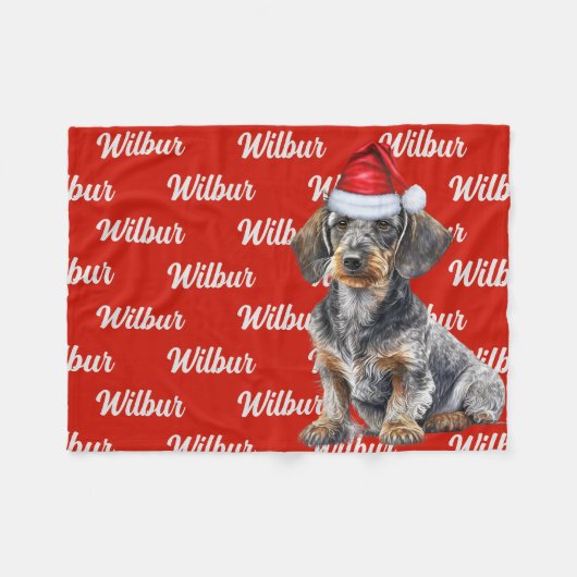 Wirehair Dachshund Santa Dog Custom Name Christmas フリースブランケット (正面(横))