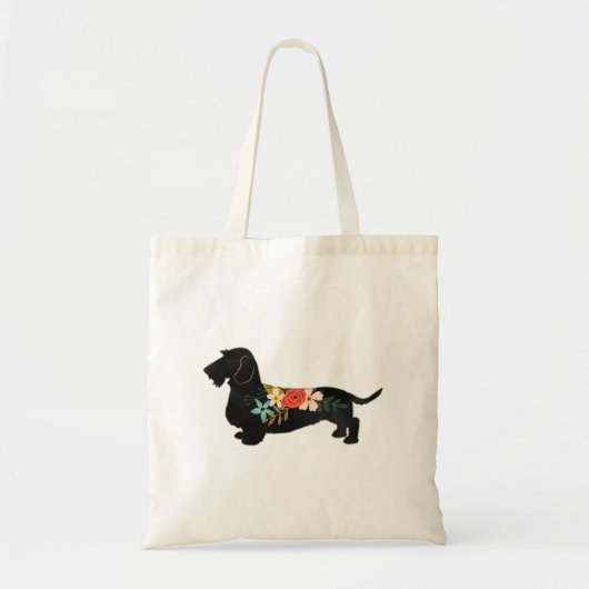 Wirehaired Dachshund Bohemian Floral Silhouette トートバッグ (正面)
