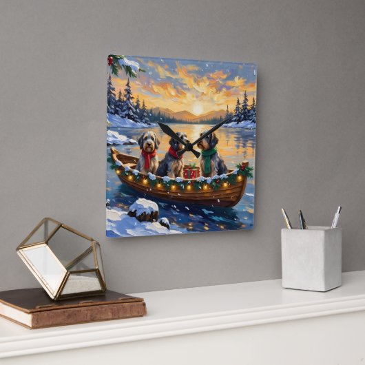 Wirehaired Pointing Griffon Christmas Boat Holiday スクエア壁時計 (オフィス)