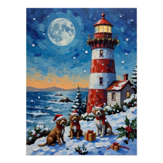 Wirehaired Pointing Griffon Christmas Lighthouse ポスター (正面)